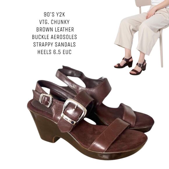 90'S‎ Y2K VTG. CHUNKY BROWN LEATHER BIG BUCKLE PLATFORM SANDALSAEROSOLES SZ 6.5 - Picture 1 of 8